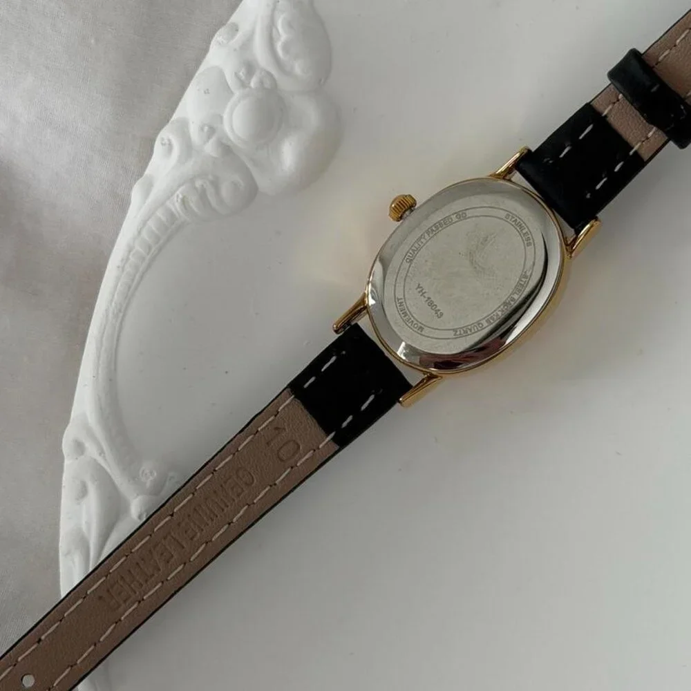SKU:0483 vintage vibe retro mini watch gold/black leather‎ strap + in a gift bag